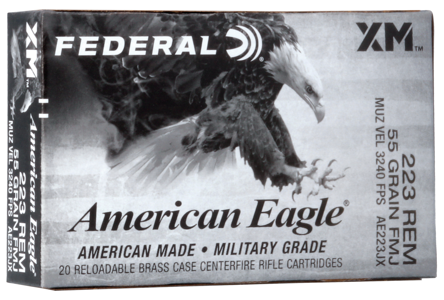 American Eagle 223 Rem 55gr Full Metal Jacket Boat-Tail, 20 Count Box w/o Divider
